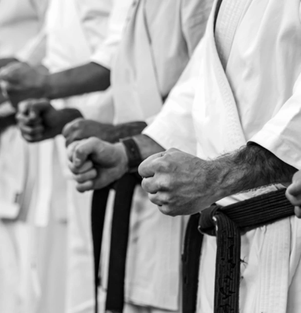 Students standing in a karate stance at the O.G.K.S India dojo in Worli, Mumbai