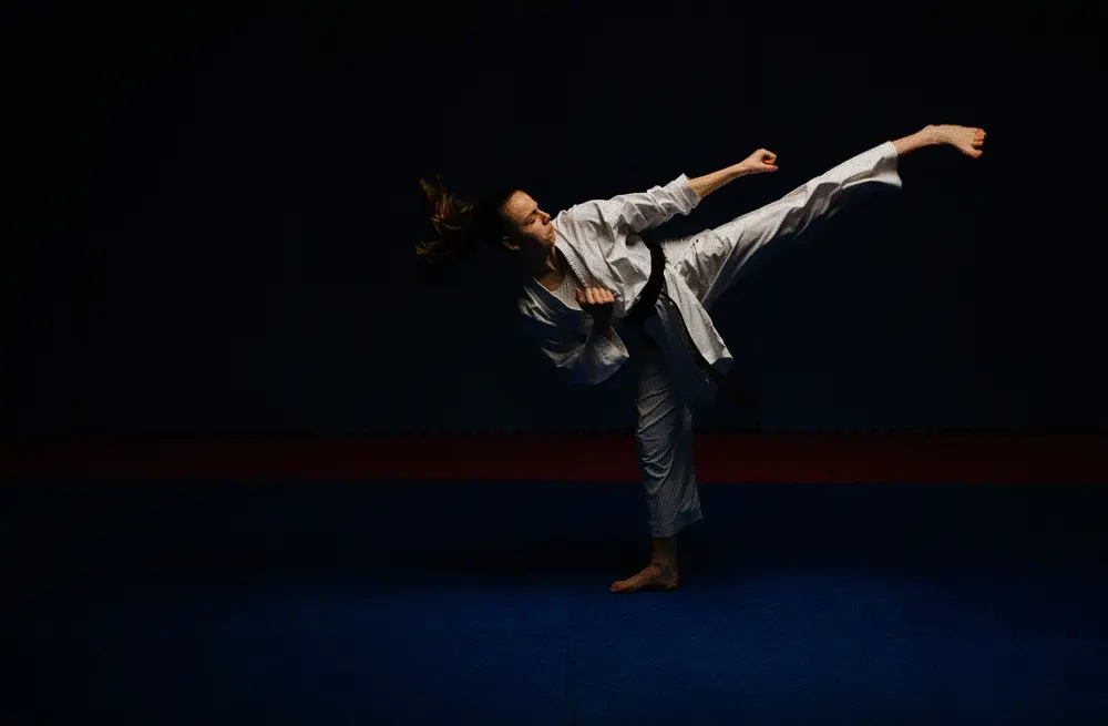 Student executing a karate kick during a class at O.G.K.S India in Worli, Mumbai