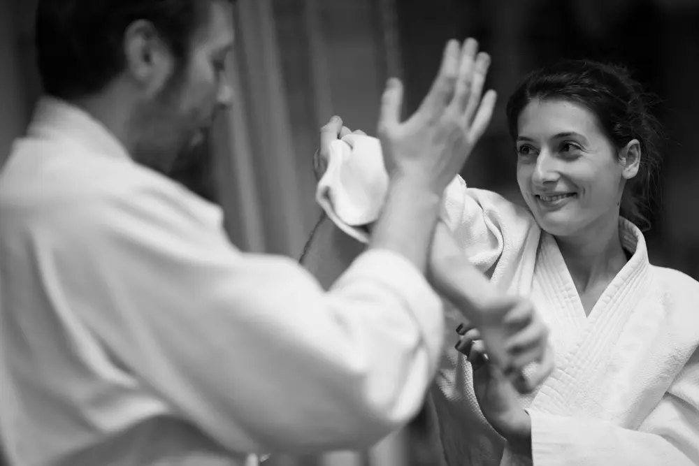 Instructor teaching a student a karate form at O.G.K.S India in Worli, Mumbai